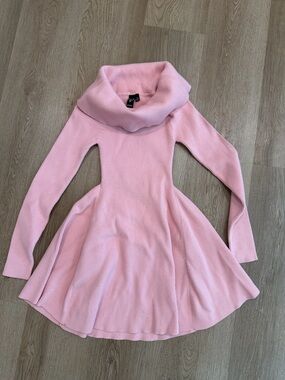 Light Pink Ribbed Cowl Neck Sweater Dress